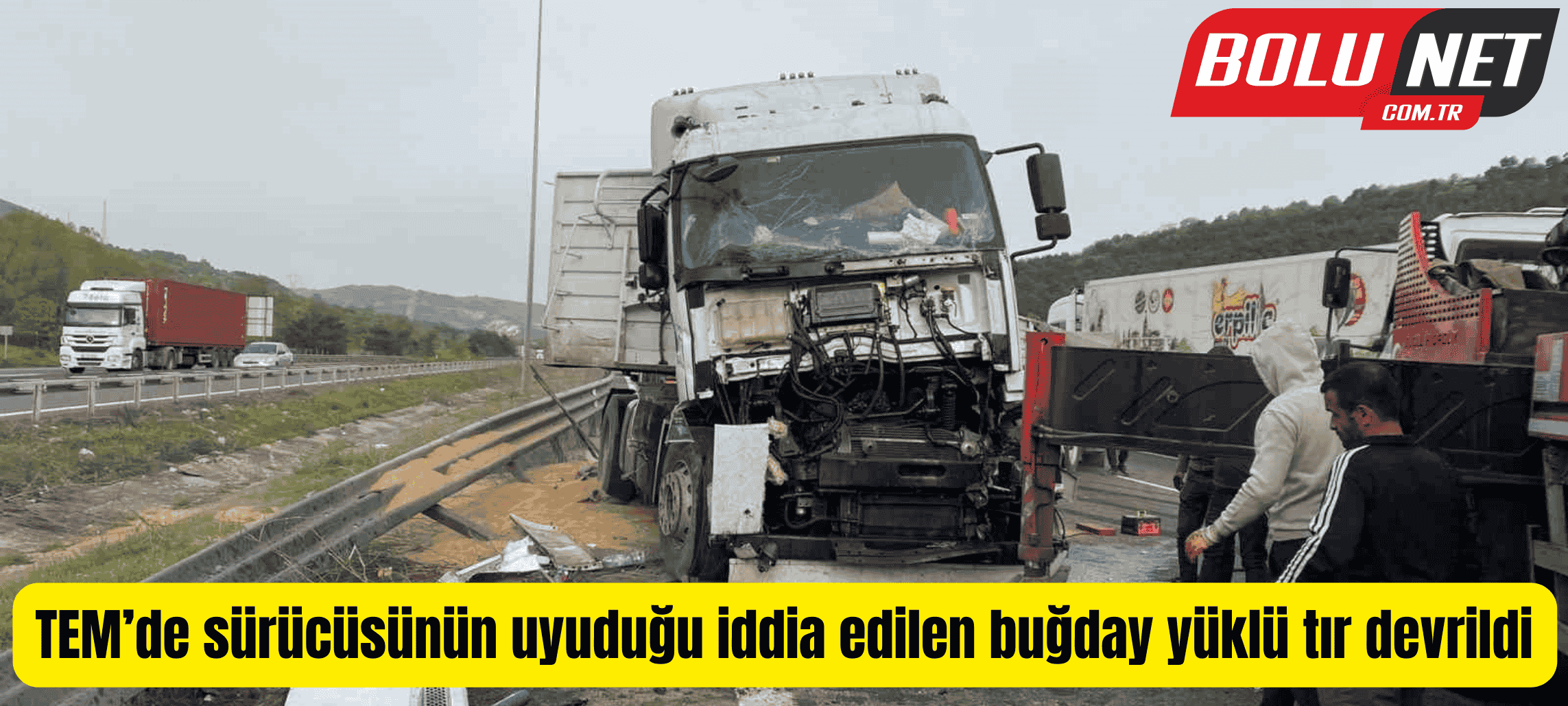 TEM’de sürücüsünün uyuduğu iddia edilen buğday yüklü tır devrildi ...BoluNet